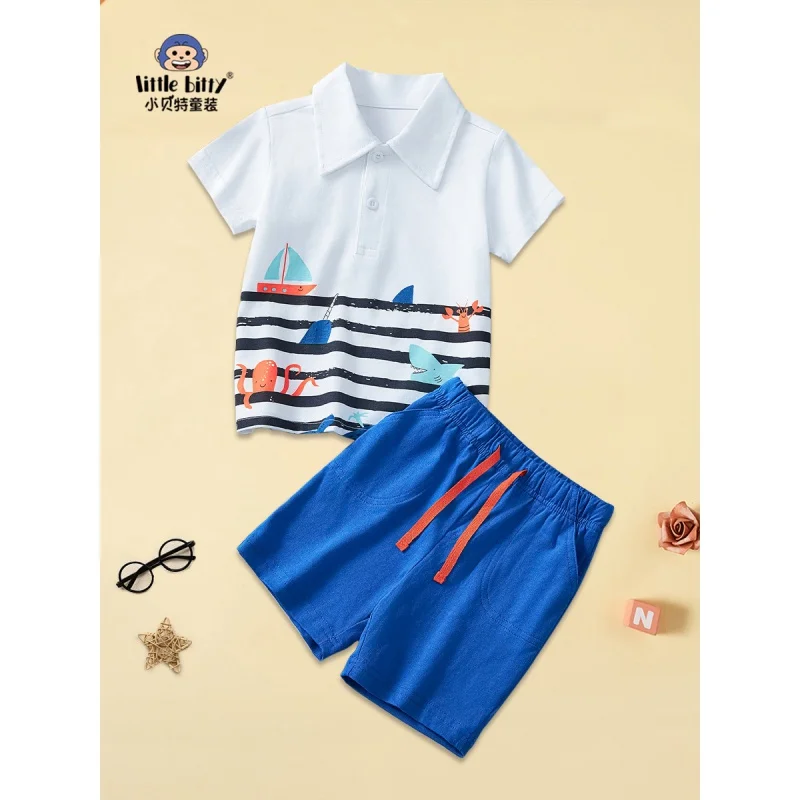 

New Boys' Short-Sleeved Knitted2024Children's Cotton LapelPOLOShirt Summer Suit Children Sports Suit