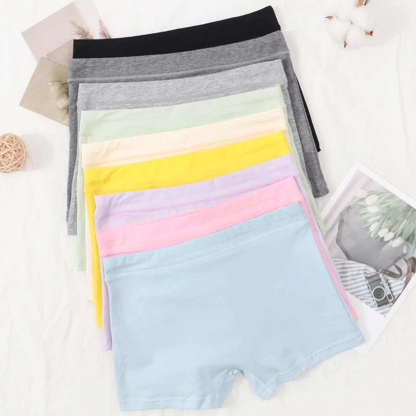 Candy Colored Girl Student Mid Waist Flat Angle Women's Underpants Cotton Simple Solid Color Underwear Four Corner Underpants