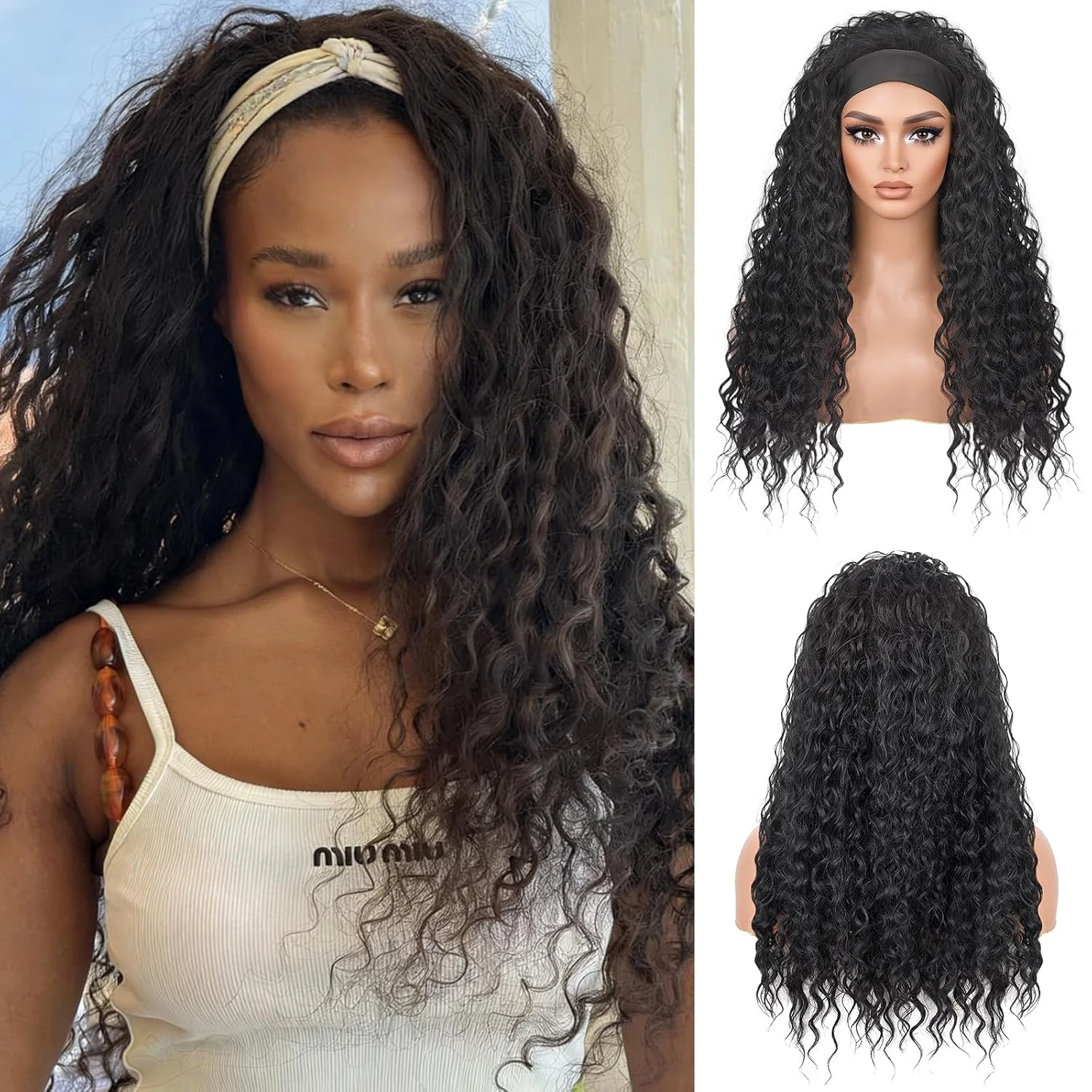 

Curly Headband Wig Human Hair Ready To Wear Deep Wave & Water Wave Headband Human Hair Wigs for Black Women Half Wig Glueless Wear And Go Easy Styling for Natural Beauty Quick Transformation