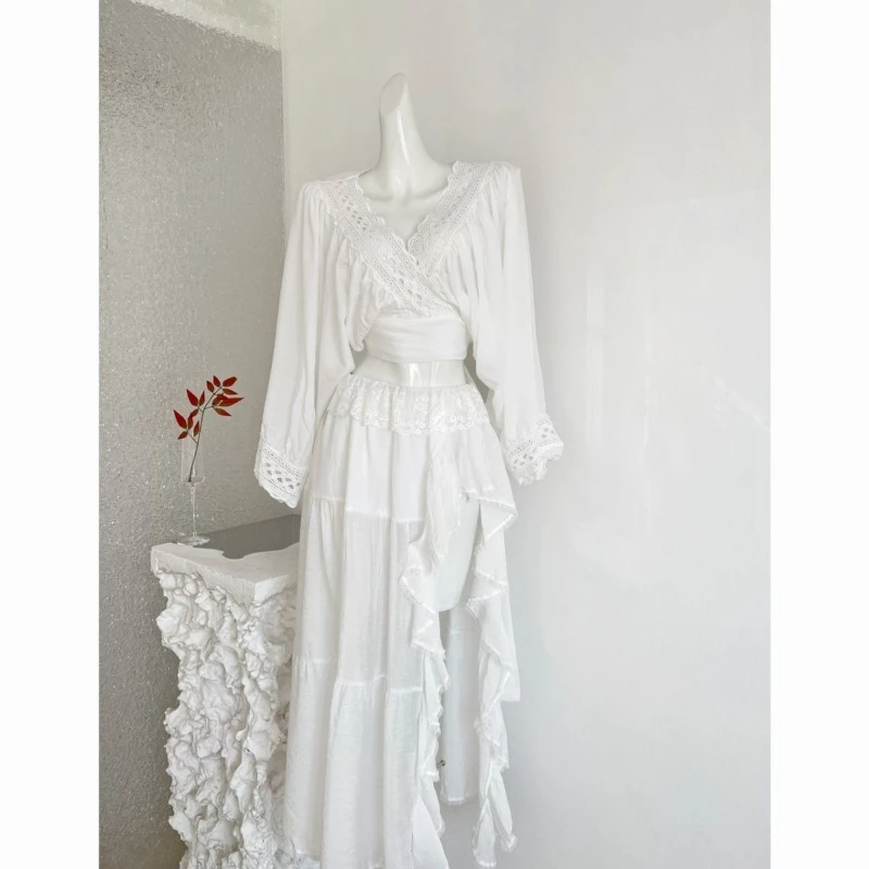

2026 Summer New Splicing Lace Long Sleeve Short Style Top High Waist Irregular Design Half Skirt Vacation Style Two Piece Set