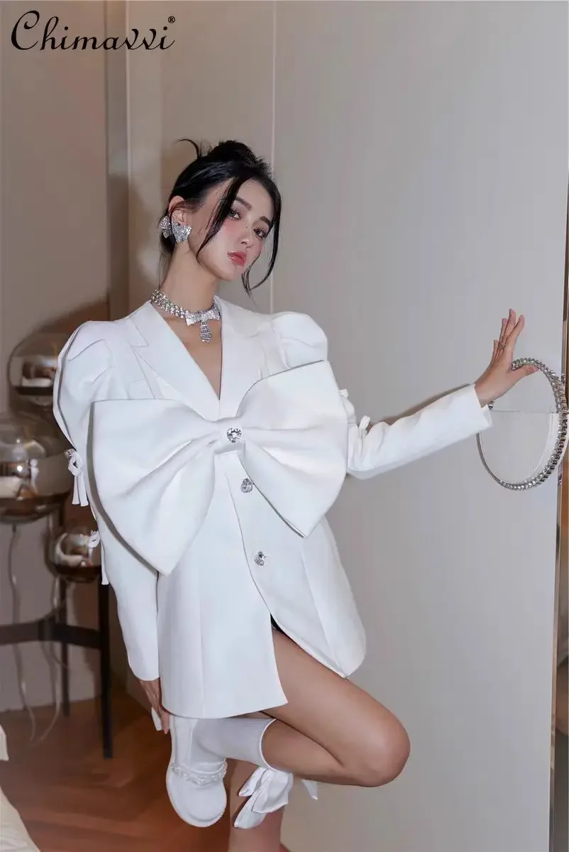 

French Elegant Business Dress Diamond Bow Puff Long Sleeve Hollow Out High Waist Single Breasted White Suit Dresses Women Autumn