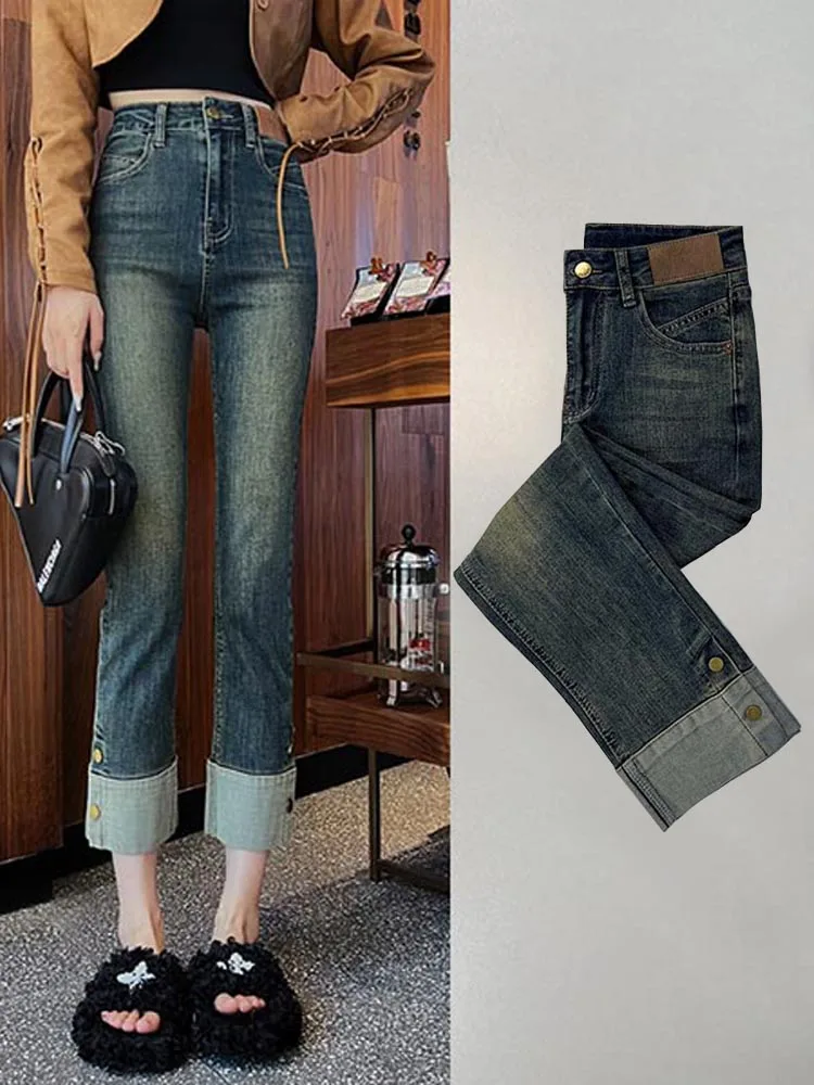 

High Waist Straight Leg Denim Jeans Women's Fall Fashion New Small Size Nine Point Slimming Versatile Narrow Version Smoke Tu...