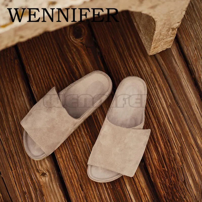 Summer Women Comfortable Calf Suede Loafers Open Toe Slip-on Flatform Slides Mules Outdoor Beach Casual Walking Men Flats Shoes