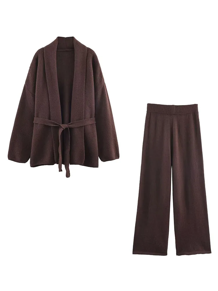 

HH Woman Winter Fashion Versatile Solid Color Long Sleeves Belt Decoration Cardigan+Trousers Female Casual Knitted Two-Piece Set