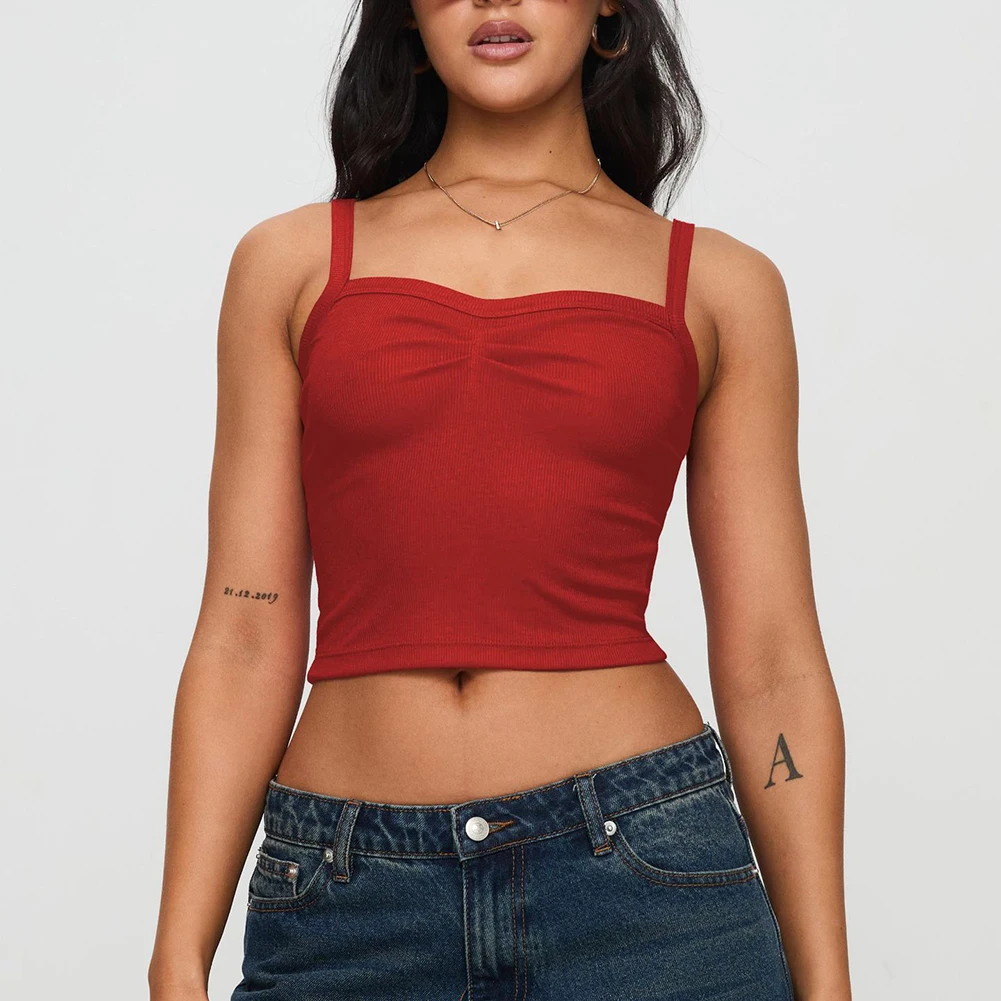 

Adjustable Strap Ruched Top Adjustable Straps Adjustable Strap Vest Ruched Crop Top Cropped Length Design Solid Color Pattern
