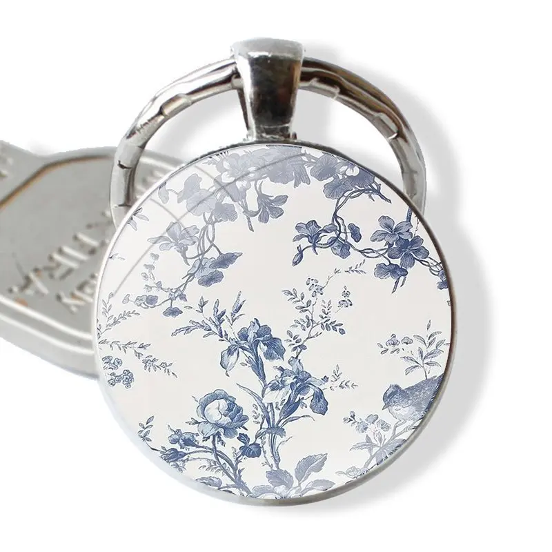 Azul e branco porcelana vidro metal pingente chaveiro para homens e mulheres, acessórios clássicos chaveiro, presentes da jóia