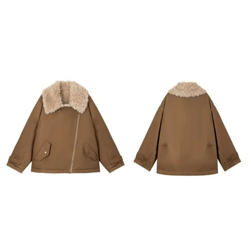 تخزين الحرارة صوف الضأن قصيرة التلبيب فطيرة التغلب على الملابس القطنية المرأة الشتاء سميكة الفراء سترة رائعة بسيطة عادية