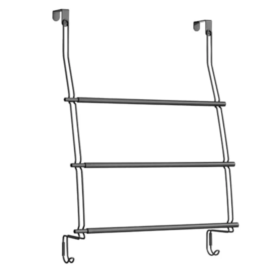 

Expandable Metal Over Shower Door Towel Rack for Bathroom - 3-Tier Organizer with 2 Large Hooks - Holder for Hand/Bath Towels