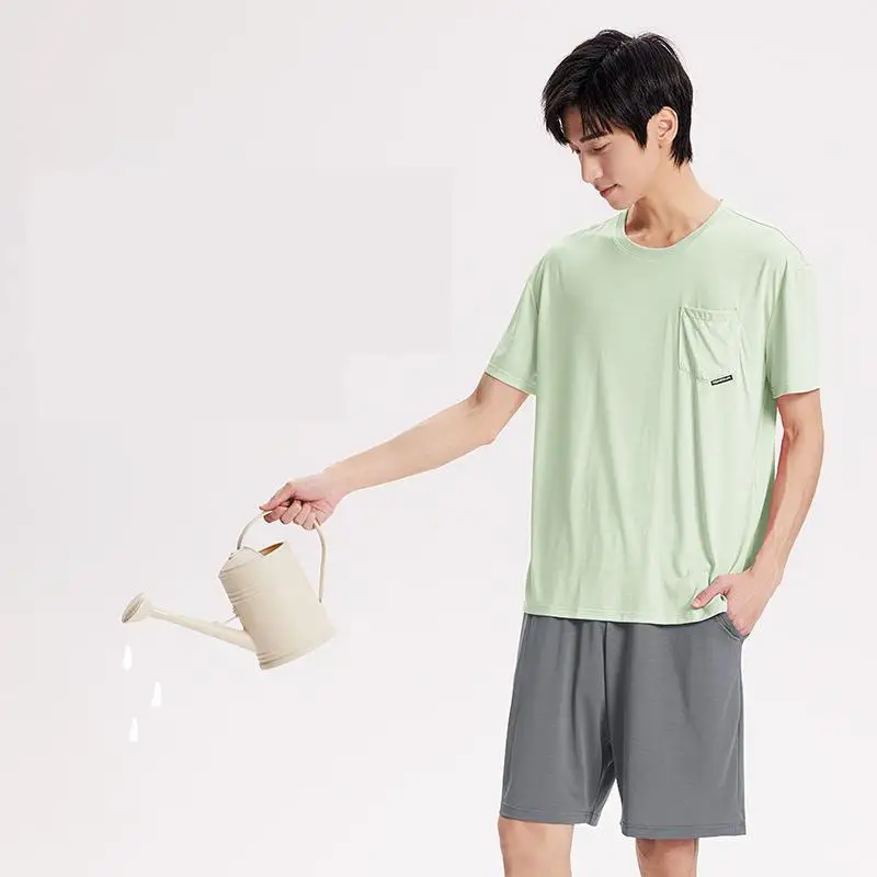 New Spring/summer Men's Short Sleeved Pants Set Thin Home Fury Pocket T-shirt Solid Color Pajamas And Nightwear Round Neck Man