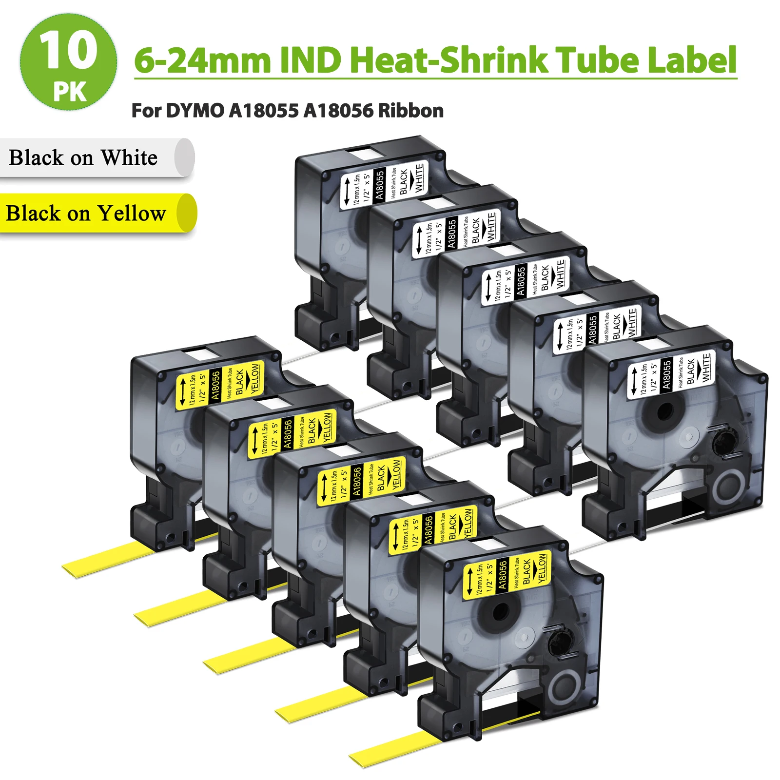 

3-10PK Brand New IND Heat Shrink Tube Compatile for Dymo A18055 A18056 6-24mm Industry Label Tape For DYMO Rhino 4200 5200 6000