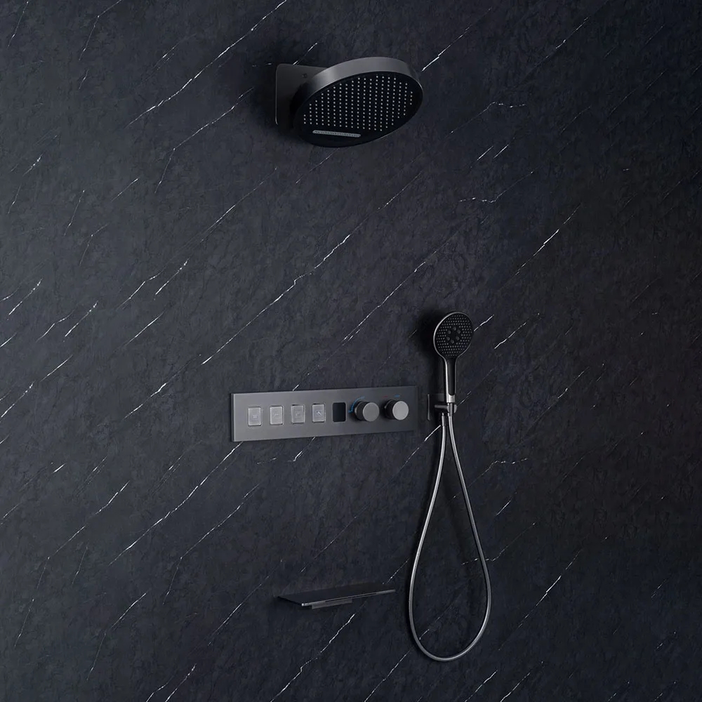 

Хромированный душевой набор с LED-дисплеем, боковой полкой для хранения, душевой лейкой-водопадом, латунным скрытым смесителем для горячей и холодной воды