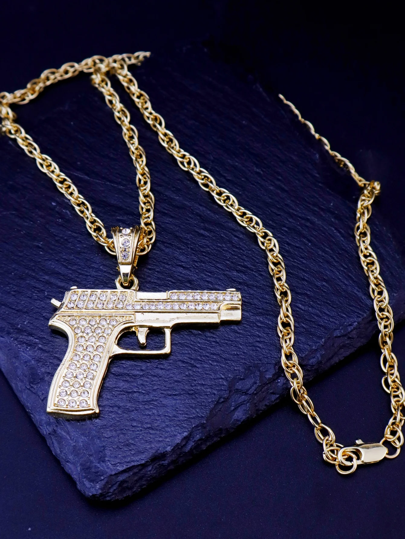 Men Rhinestone Gun Charm Necklace