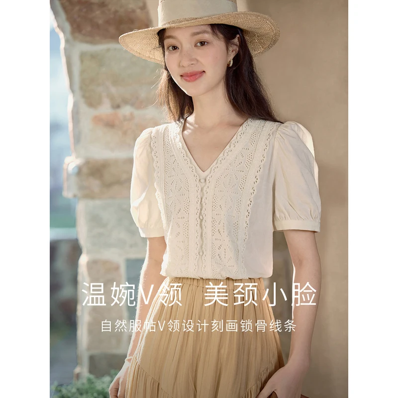 INMAN Women Blouse 2023 Summer Puff Sleeve V Neck Slim Shirt Hollow Lace French Gentleness Apricot Green Tops