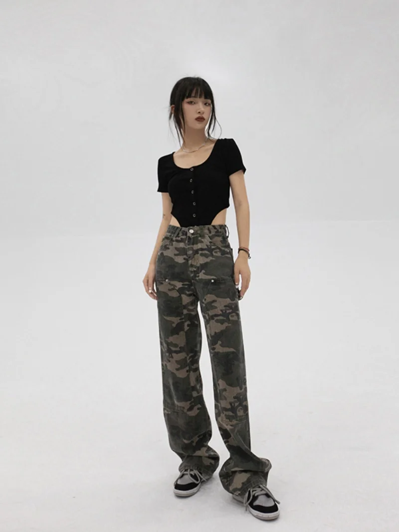 Y2K Vrouwen Camouflage Jeans Militaire Groene Rechte Pijpen Broek Zomer Afslanken Casual Broek High Street Fashion Streetwear