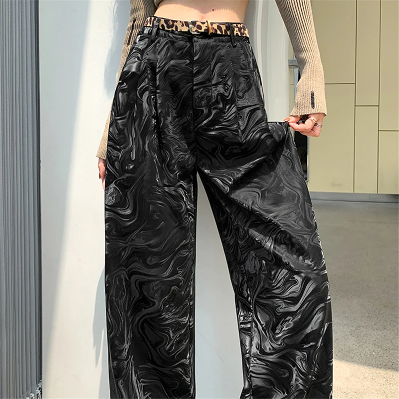 

Autumn Winter PU Leather Women's Wide Leg Full Pants with Belted 2024 New High Waist Vintage Casual Loose Trousers Pocket Female