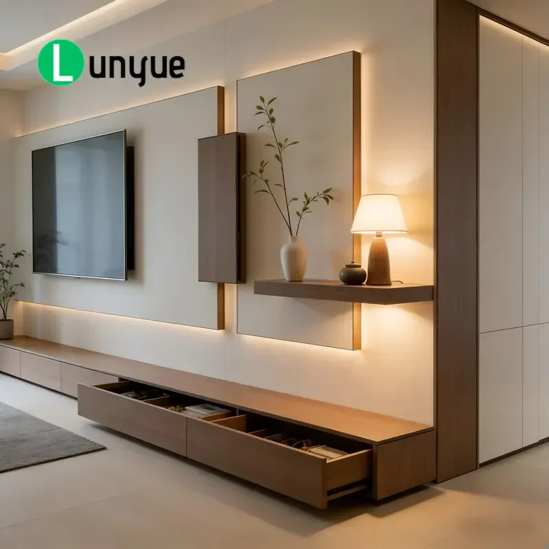 Modern Walnut TV Cabinet with Drawers and Open Shelving Living Room Media Console Customizable Storage Furniture for Home