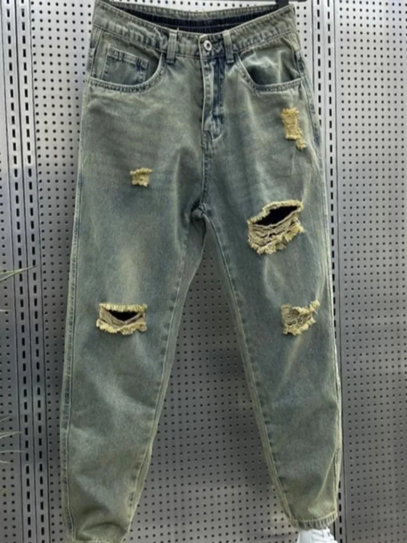Summer Thin Ripped Jeans Men Loose Straight Fit Distressed Denim Pants Vintage Washed Casual Streetwear Trendy