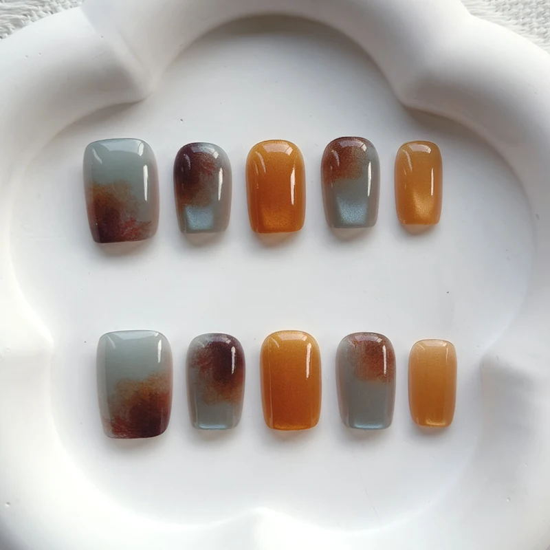10Pcs Short Square Fake Nails Blue Brown Patchwork French False Nails Designs Full Coverage Waterproof Artificial Press on Nails image 3