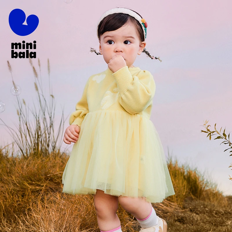 Mini Bala Dress for Girls with Skin-Friendly Pure Cotton, Patchwork and Sweet Bubble Sleeves