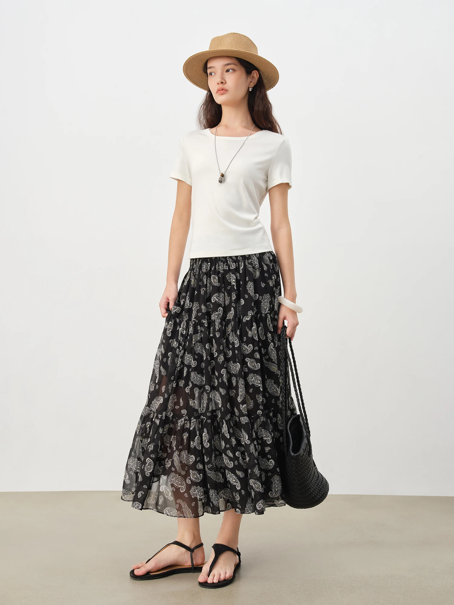 ZIQIAO 2025 夏 レディース ペイズリー柄 シフォン スカート - ハイウエスト Aライン フローイ ミディ丈 ヒップスカート シルエット バケーション向け