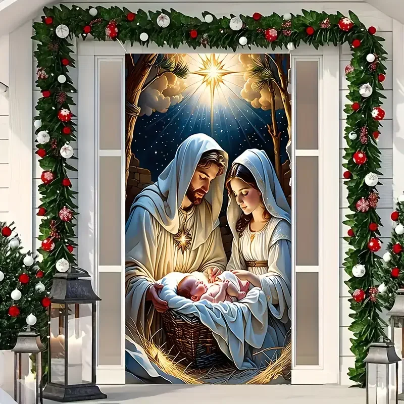 ستارة باب الحفلات بطابع عيد الميلاد من VIKAMA مع مريم العذراء وزخارف كوخ الشتاء للاحتفال بعيد الميلاد