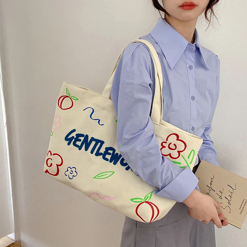 Crossbody Bag Canvas Embroidery 2023 New Fashion Trendy Letter Cloth Bag Casual Student Shoulder Bag Large Capacity Shopping Bag