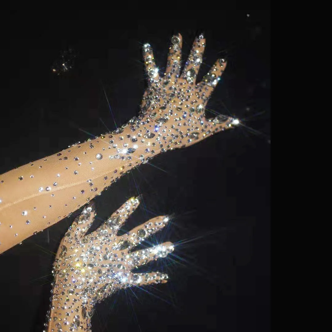 Luxurious Rhinestones Gloves Sparkly Crystal Mesh Party Long Gloves Dancer Singer Nightclub Dance Stage Wear Show Accessories