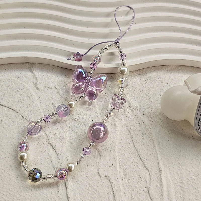 Light Purple Ins Style Y2K Heart Butterfly Pendant Phone Strap Charm Lanyard Anti Loss Keychain Camera Hanging Chain DIY Decor