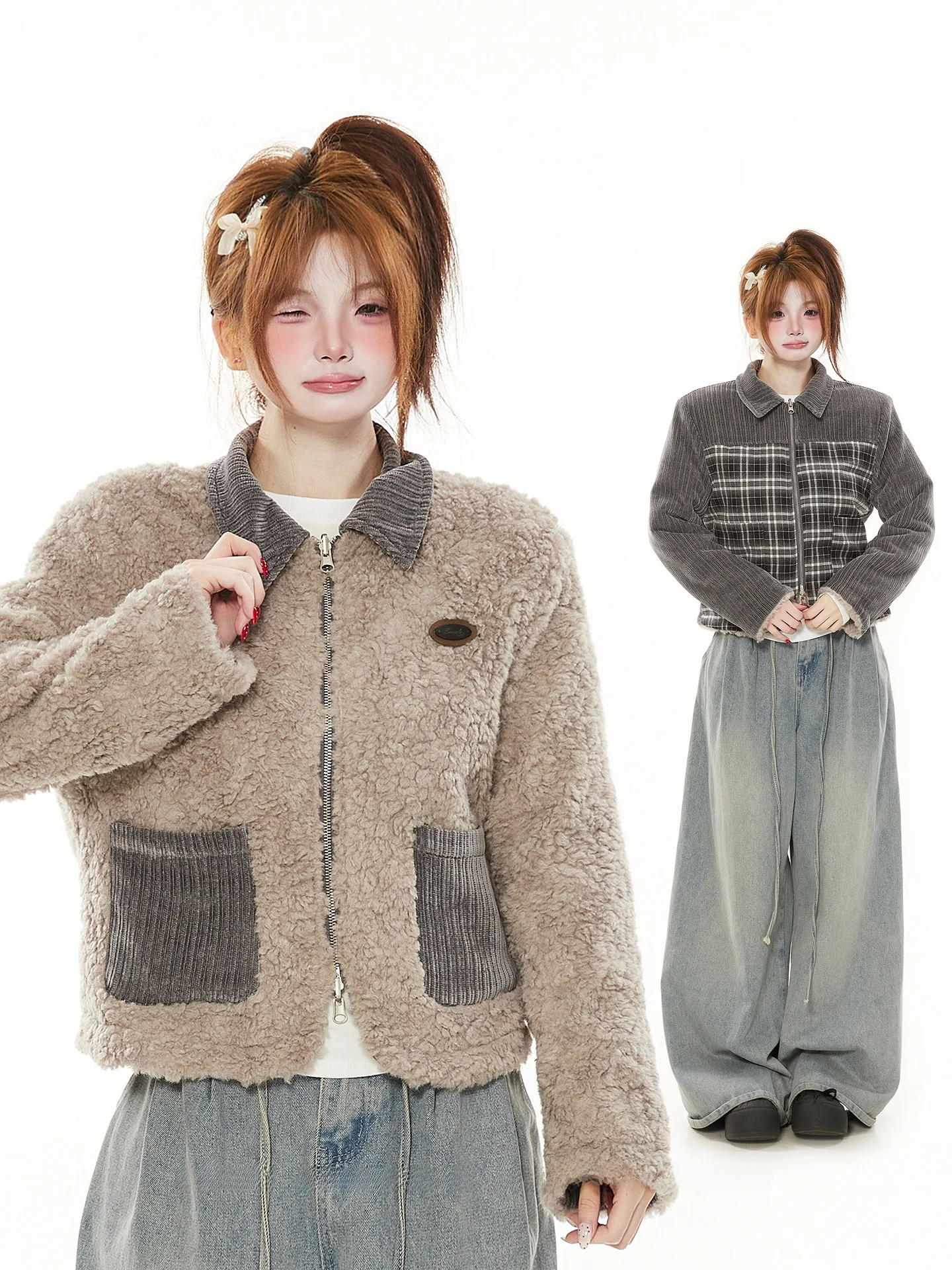 

Американская ретро-куртка в клетку с вельветовыми вставками, женская, осенне-зимняя, двусторонняя, для повседневной носки, модная верхняя одежда