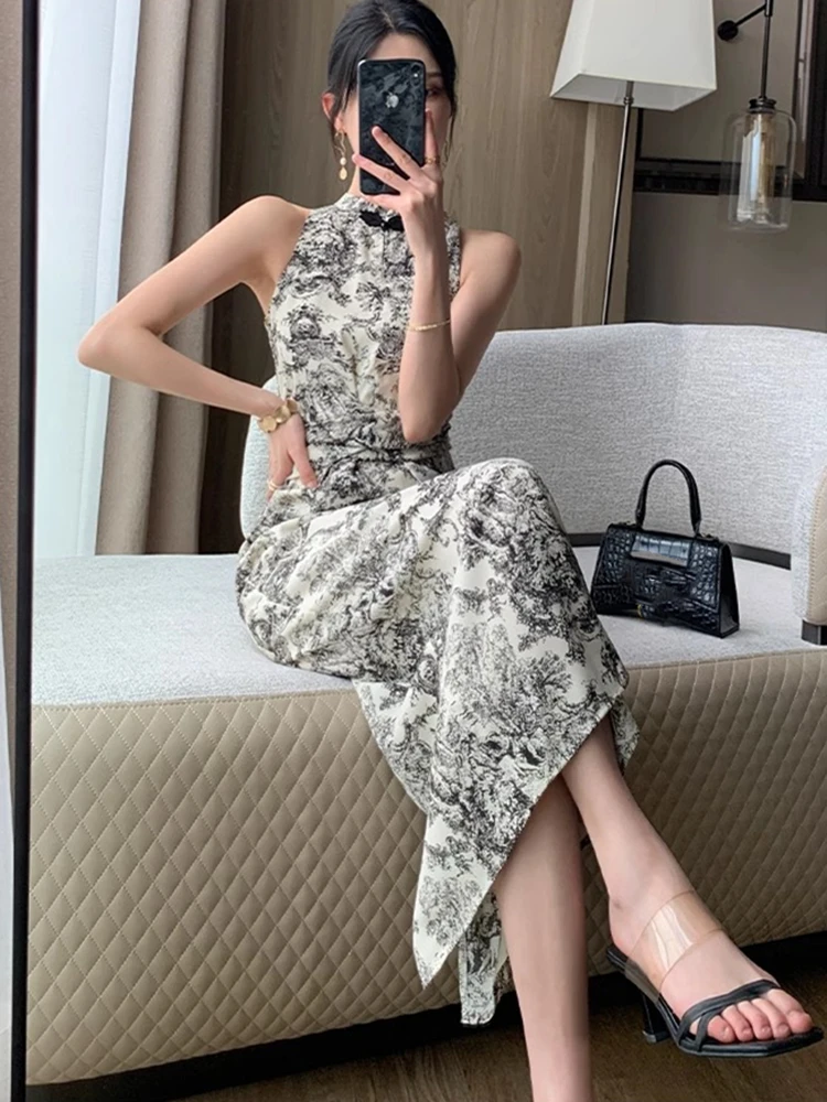 Summer New Vintage Print Sleeveless Midi Dresses for Women 2023 Fashion Slim Female Vestdios Lady Elegant Party Bodycon Clothing