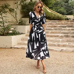 2024 Elegant Waist Cinching V-neck Printed Elastic Waist Maxi Sexy Dress Women Clothing Vestido High Quality Luxury Design Dress