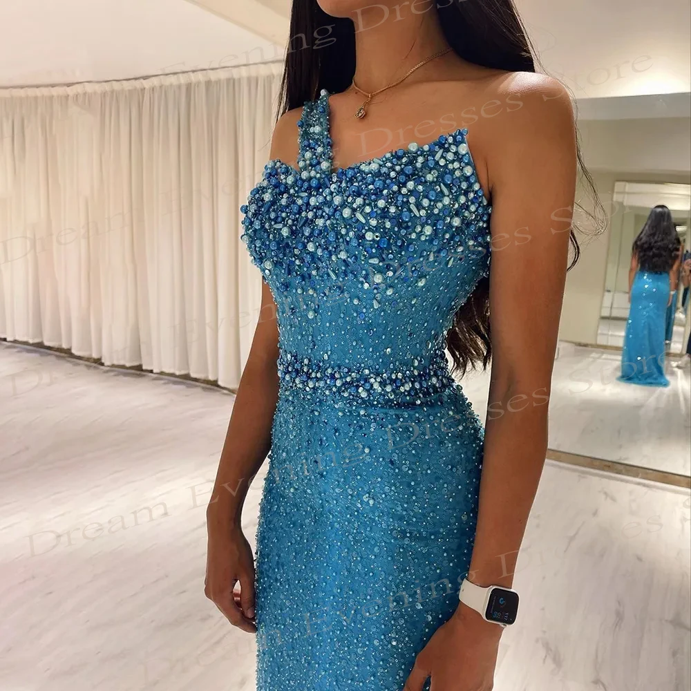 Robe de Soirée Luxueuse en Forme de Sirène pour Femme, Tenue de Bal Luxueuse et Brillante, Style Arabe Dubaï, Disponible en Bleu, avec Perles, Style Moderne, Éducatif