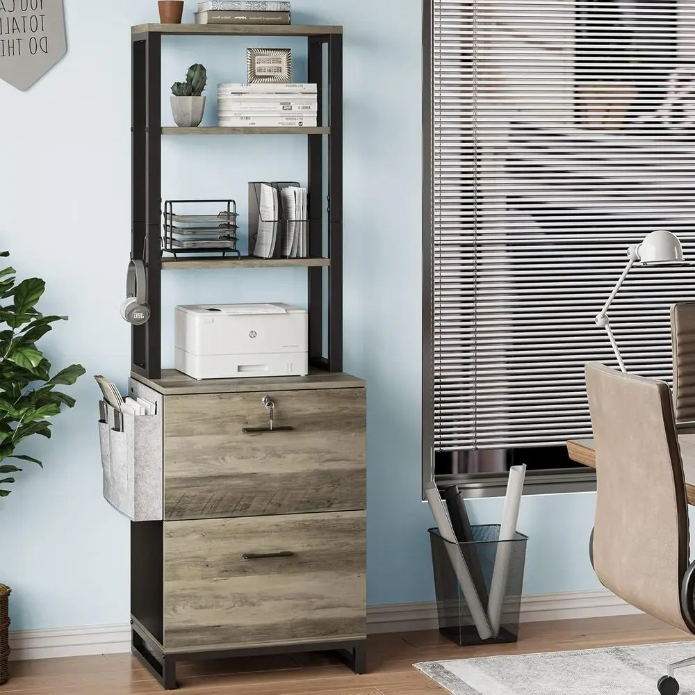 

Серый запираемый шкаф для документов с 2 ящиками, регулируемыми полками и крючками, подходящий для писем и книжных документов формата А4.