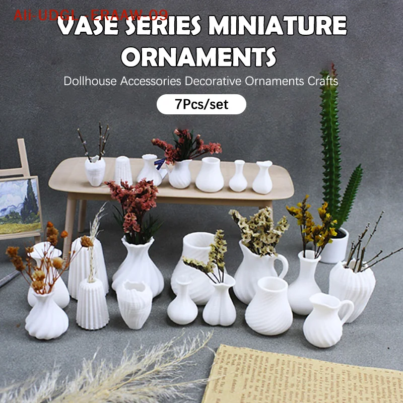 

Набор из 7 миниатюрных белых ваз для кукольного домика, декора и флористики, мини-инструменты для рукоделия для кукольного дома