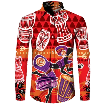 Kleurrijke Afrikaanse Dashiki Print Heren Shirt Retro Etnische Lange Mouw Revers Knoop Top Nieuw Paar Street Wear