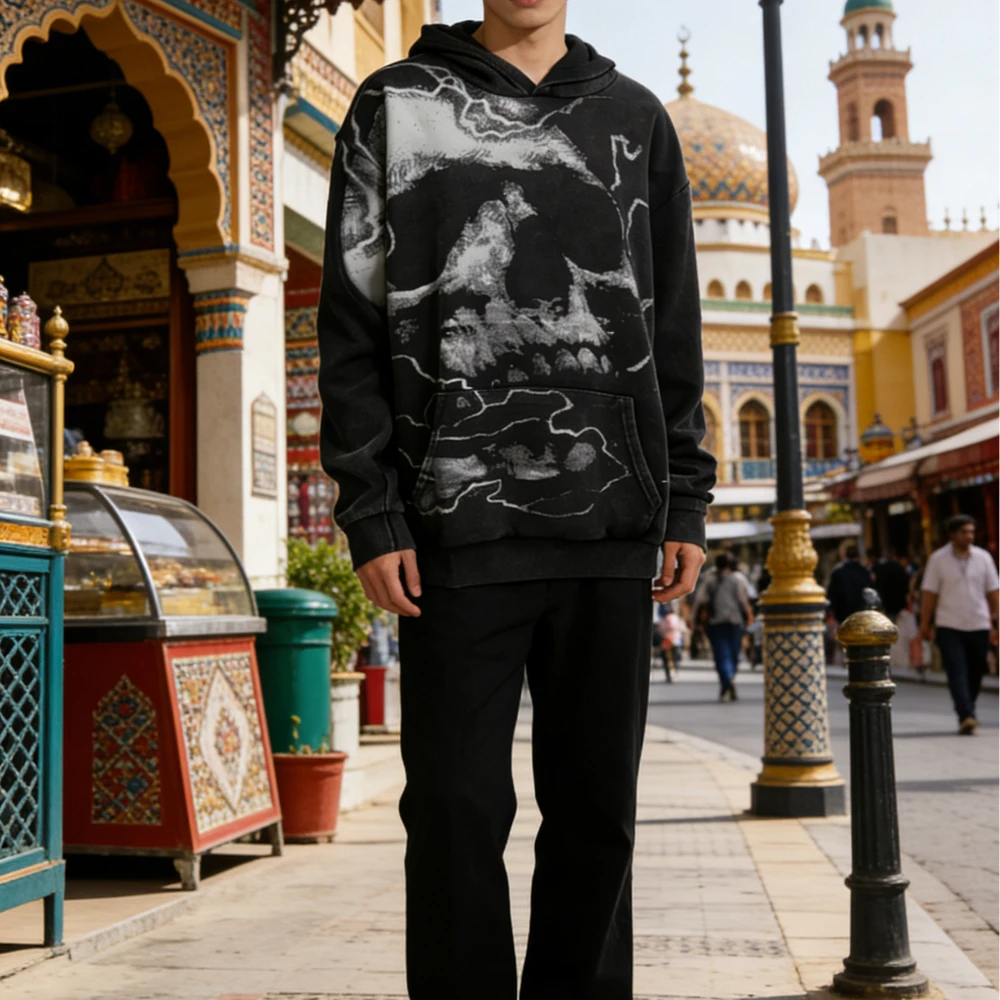 

Autumn and winter dark gothic skull print hooded top for men and women, Y2K loose casual pocket, washed and worn hoodie