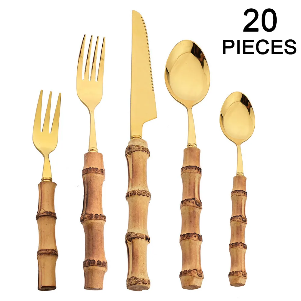 

16Pcs/Set Wooden Handle Dinnerware Set Knife Fork Cutlery Tea Spoon Set Stainless Steel Flatware Kitchen Bamboo Handle Tableware