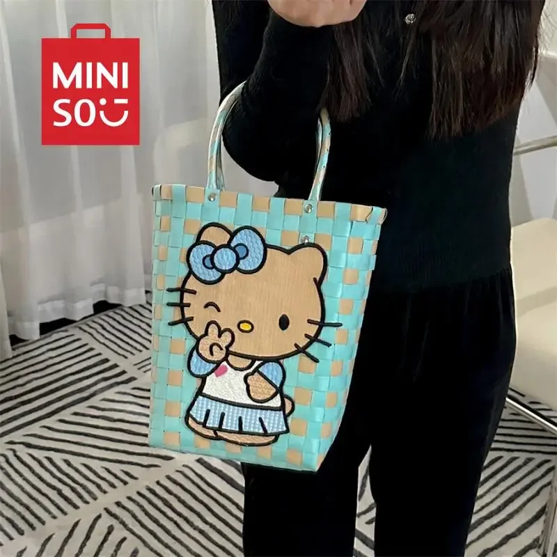 Sanrio Hello Kitty Black Skin Woven Basket New Kawaii Anime Hawaiian Cartoon Sweet Cute Girls Spicy Girls Atmosphere Handbag