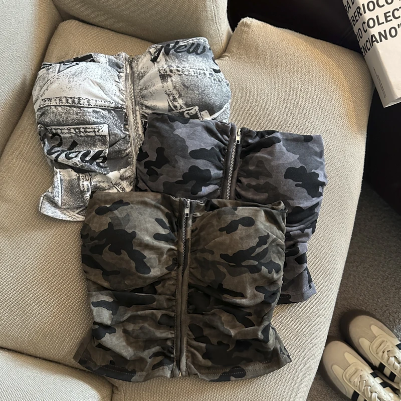 Sexy American Girl Camouflage Print Tube Top Vest Women's Summer Zipper Open Cardigan Shoulder Bared Short Style Top
