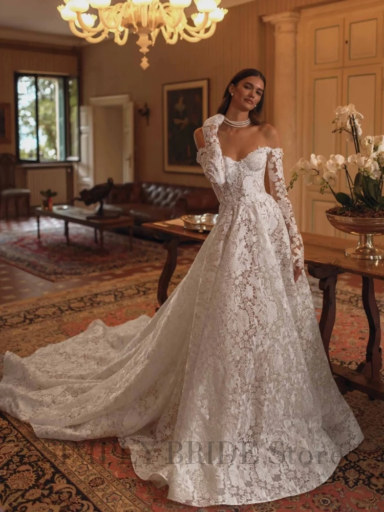 

Customized Off-Shoulder Lace Wedding Dress Long Sleeve Sweetheart Bridal Gown with Train Formal Bride Dress for Women