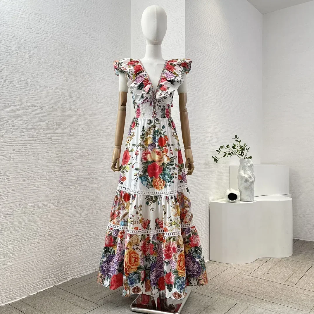 

2024 Elegant Summer New White Red Flowers Print Sleeveless Ruffles Backless Hollow Out Diamonds Shirred Waist Women Maxi Dress