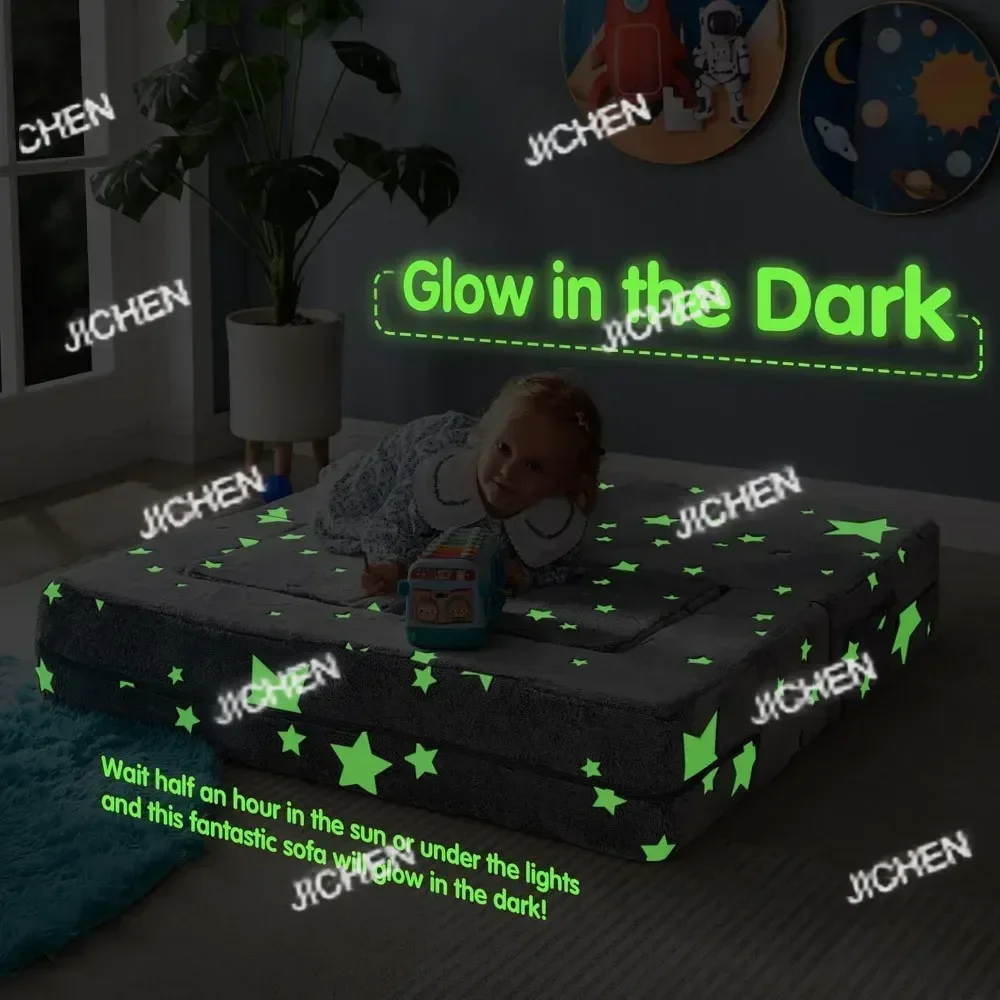 ZQT For Kids Play Couch, Glow In The Dark Star Patterns Toddler Modular Sofa, Convertible Baby Fold Out Play Foam And Floor Cush