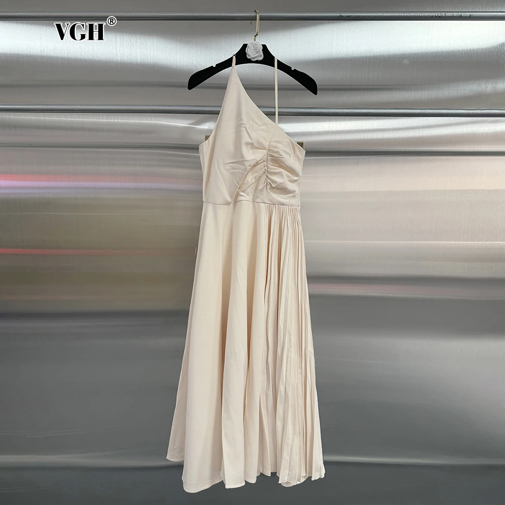 

VGH Elegant Patchwork Folds Backless Dresses For Women Halter Sleeveless High Waist Temperament Slimming Pleated Dress Female