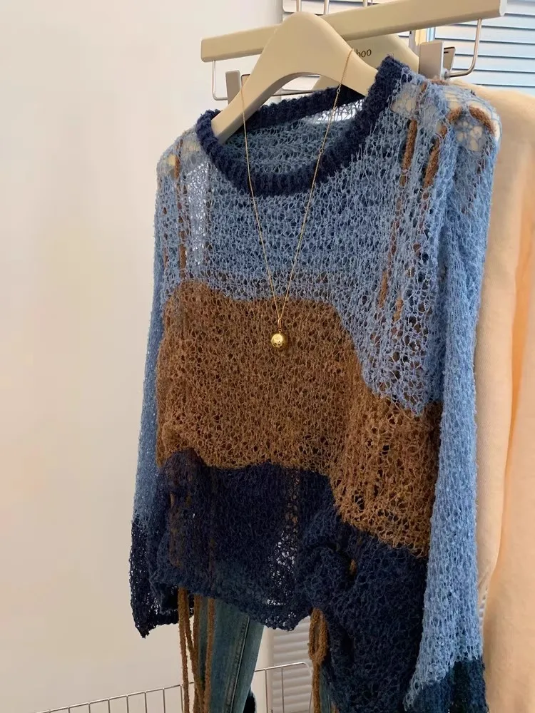 Slimming Lace-Up round Ne Knitwear Casual Hollow out Thin Long Sve Women's Autumn Sle Comfortable Breathable Top irt