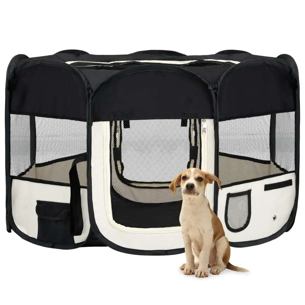 Foldable Black Dog Playpen with Carry Bag - 125x125x61 cm Portable Pet Play Area