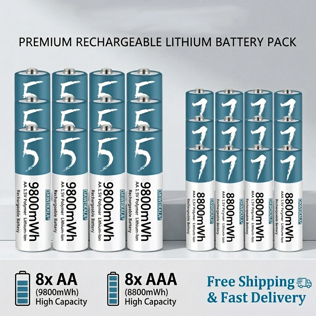 

1.5V Rechargeable Li-ion Battery AA 9800mAh AAA 8800mAh Lithium Polymer Battery for Remote Control Mouse Toy Fan + USB Cable