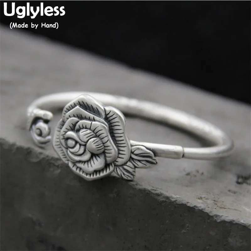 

Uglyless Real S999 Fine Silver Women Noble Peony Flower Bangles Ethnic Vintage Opening Bangle Handmade Carved Buddha Hand Bijoux