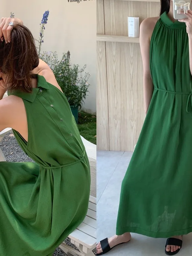 

Summer New Women's Vest Dr Ne Hanging Belted Long Skirt Single Button Retro Vaion Sle Svel Color Maxi D...