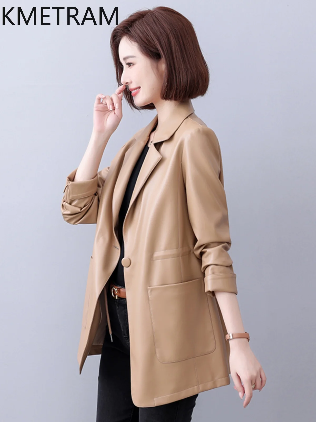 KMETRAM Real Sheepskin Leather Womens Jacket High Quality Autumn Women's Clothing Mid Length Coats Korean Suit Chamarra Mujer