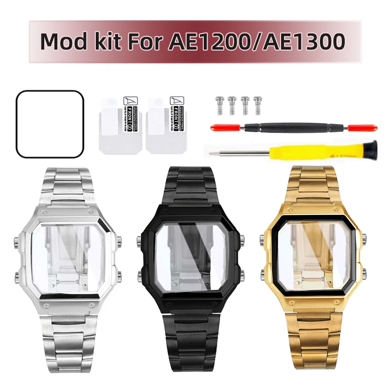 18mm AE1200 Stainless Steel Bracelet Strap Quality Steel Case Bezel Silver Black Gold Metal Case HD Glass AE-1200 1300 Mod kit